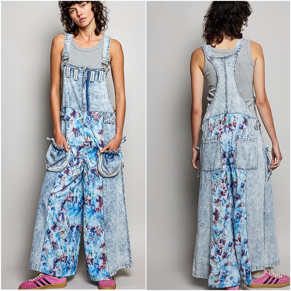 POL Acid Wash Floral Print Pockets Wide leg Denim Jean Bib Overalls - Picture 2 of 5